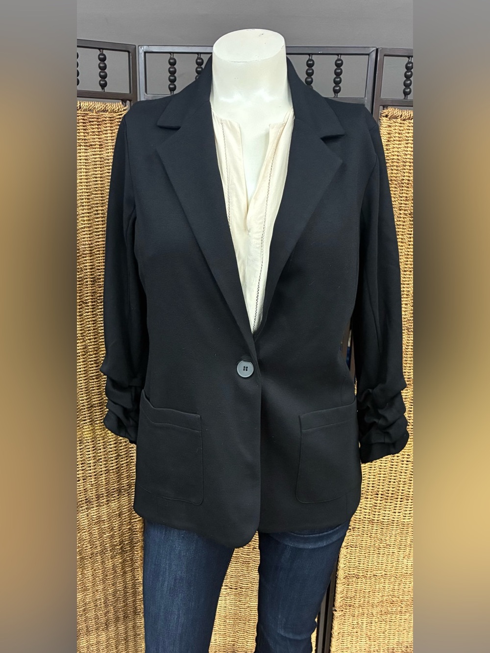 Bailey 44 Black Ruched Sleeve Open Front Blazer Jacket Large